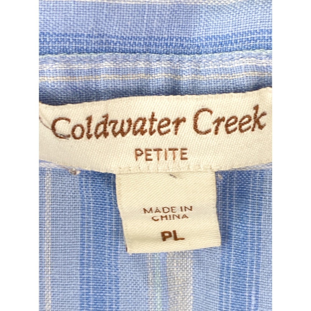 Coldwater Creek Womens 100% Linen Popover Blouse L Petite Blue Striped Coastal - Picture 7 of 9